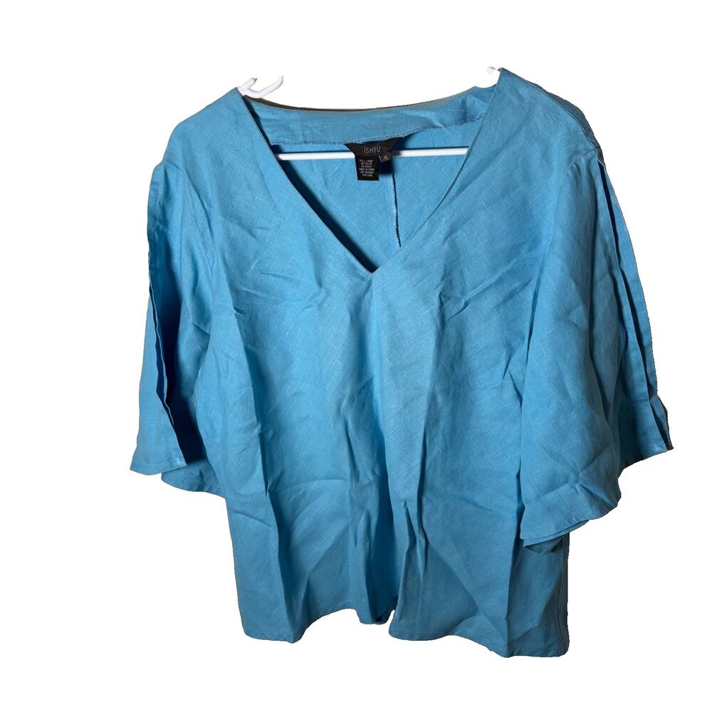 Ishyu Blouse Women's XL Blue V-Neck Short Sleeve Lightweight Casual Top